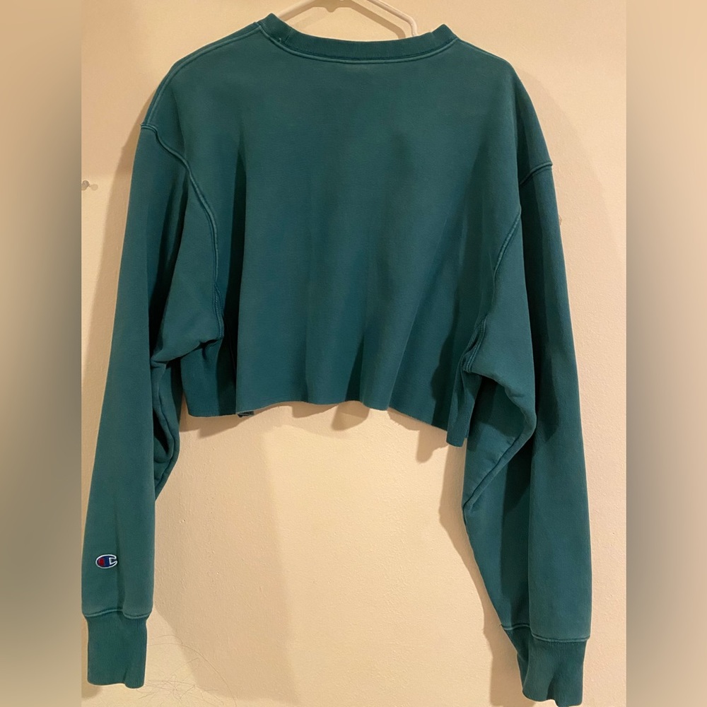 Champion Reverse Weave Cropped Sweatshirt Teal Women Size L - Picture 2 of 5